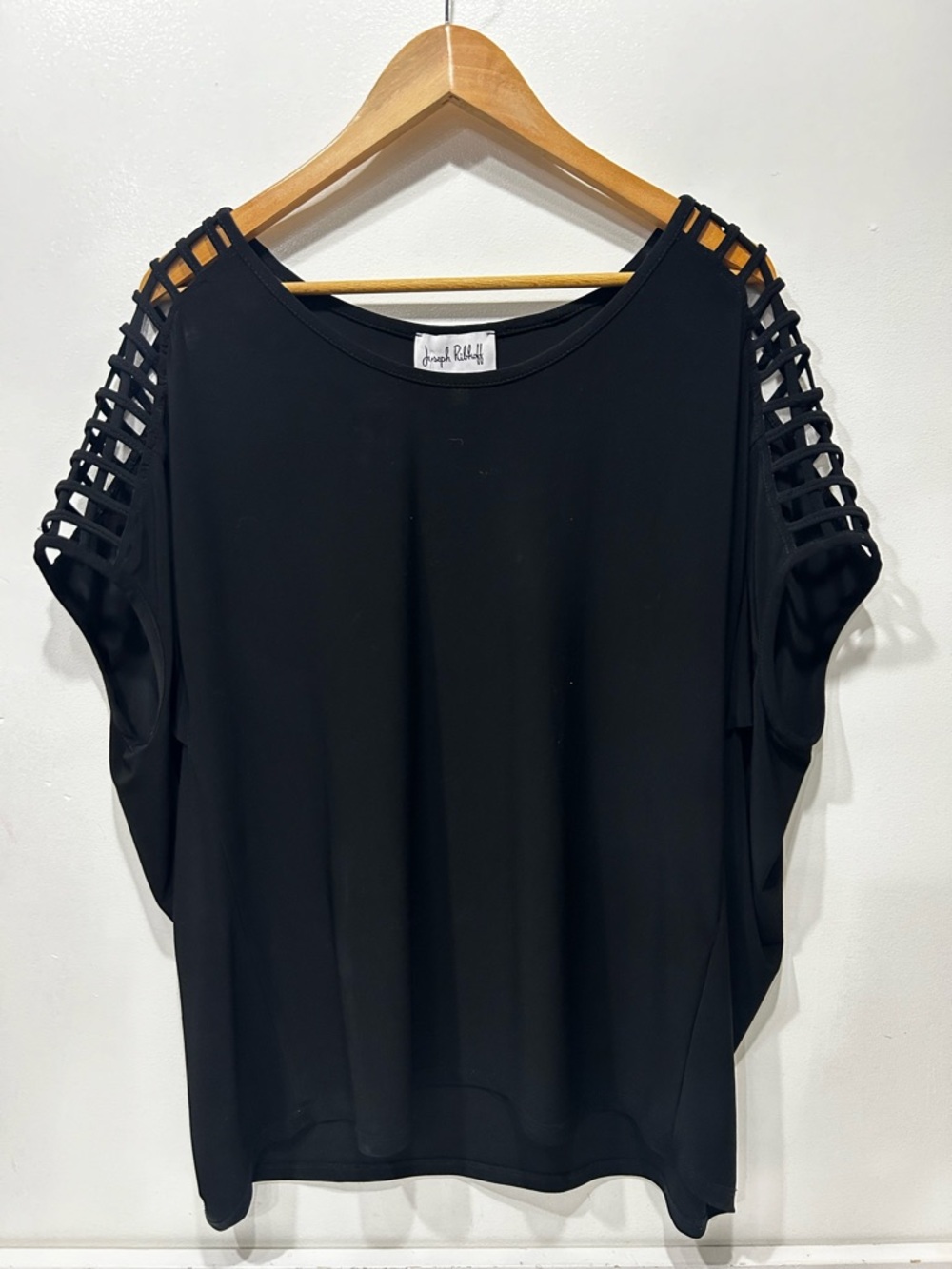 Joseph Ribkoff Black Lattice Sleeve Blouse Size 12 (M) Cutout Detail Elegant Top